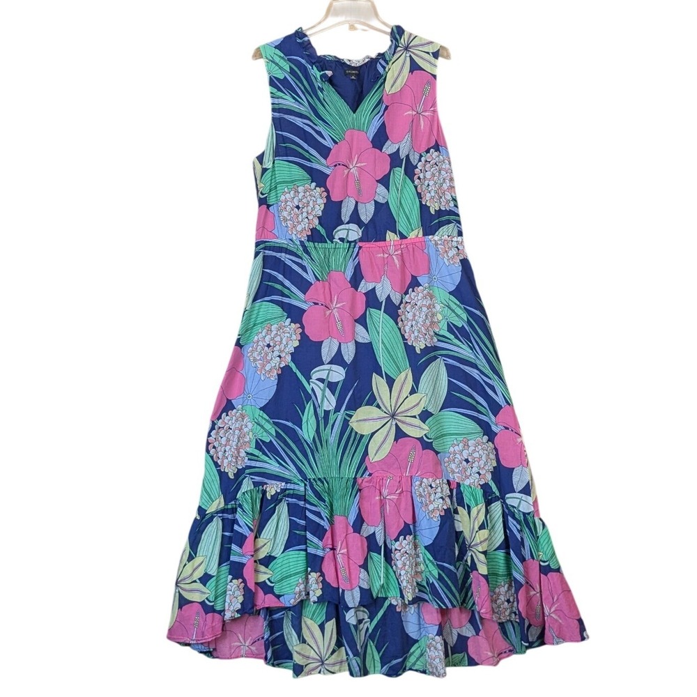 Talbots Womens Blue Tropical Floral Cotton High Low Maxi Dress 16 Resortwear